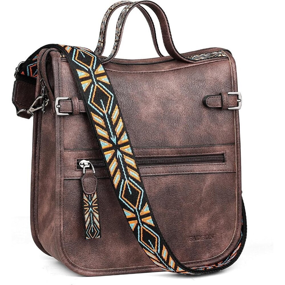 Women’s Coffee Brown Retro Style Leather Purse Crossbody Bag Handbag Wide